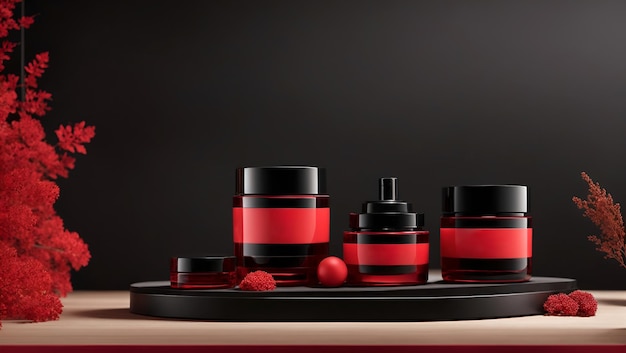 Rendering 3D del podio minimalista in nero e rosso per l'esposizione dei prodotti 02