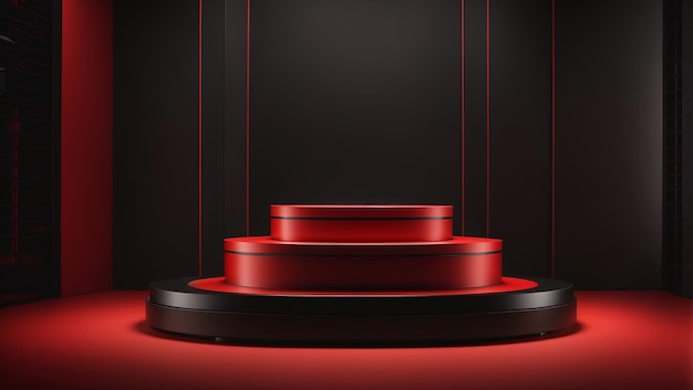 Rendering 3D del podio minimalista in nero e rosso per l'esposizione dei prodotti 03