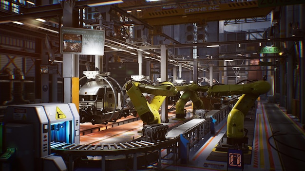 Rendering 3d del processo di produzione della linea di assemblaggio di una fabbrica automobilistica