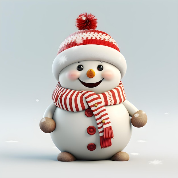 Rendering 3D del pupazzo di neve con sciarpa e cappello su sfondo bianco Ai Generato