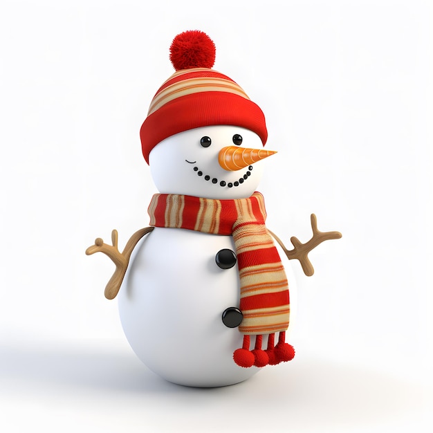 Rendering 3D del pupazzo di neve di Natale sullo sfondo bianco festa festa del pupazzolo di neve bianco rosso celebrato