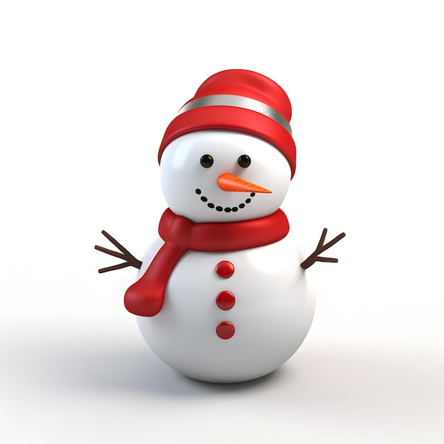 Rendering 3D del pupazzo di neve di Natale sullo sfondo bianco festa festa del pupazzolo di neve bianco rosso celebrato