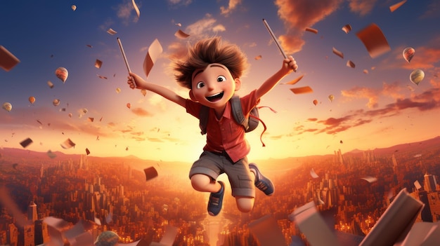 Rendering 3D del ritorno a scuola Un bambino felice e industrioso che vola sulla matita sullo sfondo del cielo al tramonto