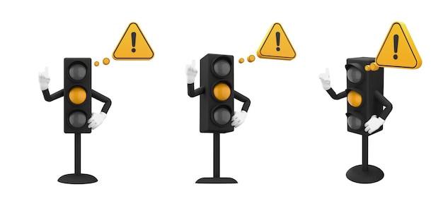 Rendering 3d del semaforo giallo e segnale di avvertimento con set di icone 3d a mano espressiva