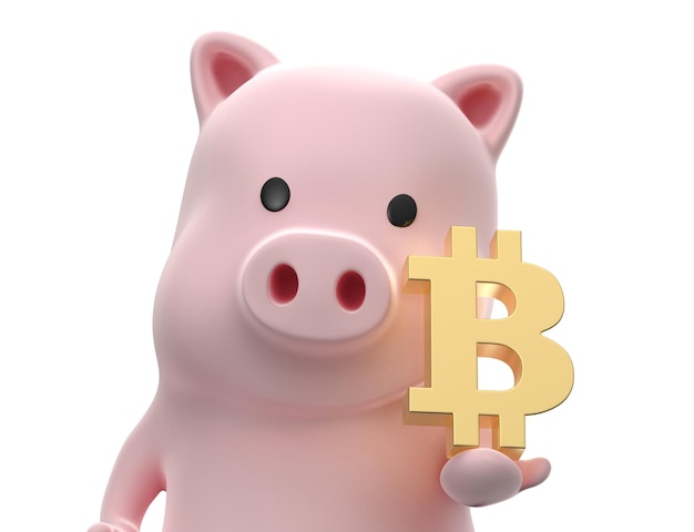 Rendering 3d del simbolo bitcoin della tenuta del maiale su priorità bassa bianca