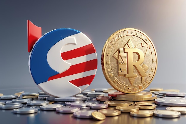 Rendering 3D del simbolo del rublo russo sulla moneta contro il simbolo del dollaro americano sulla moneta sullo sfondo concetto di conflitto politico e guerra 3D rendering illustrazione in stile cartone animato