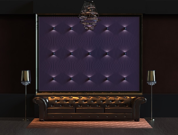 Rendering 3D del soggiorno con decorazione lampada da parete