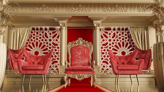 Rendering 3D del tappeto rosso che porta al trono del re in stile arabesco con colonna d'oro colmuns