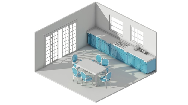 Rendering 3D del tavolo da pranzo di concetto di layout semplice si unisce alla cucina