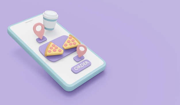 Rendering 3D del telefono con cibo e pulsante di ordinazione sullo sfondo per il concetto commerciale di consegna di cibo online 3D Render illustrazione in stile cartone animato