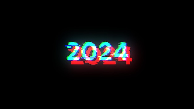 Rendering 3D del testo 2024 con effetti di schermo di glitch tecnologici