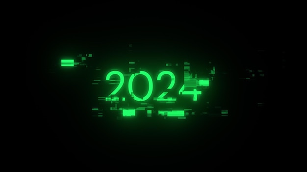 Rendering 3D del testo 2024 con effetti di schermo di glitch tecnologici