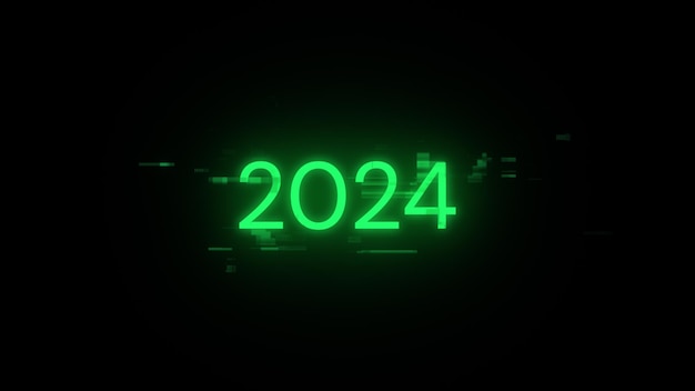 Rendering 3D del testo 2024 con effetti di schermo di glitch tecnologici