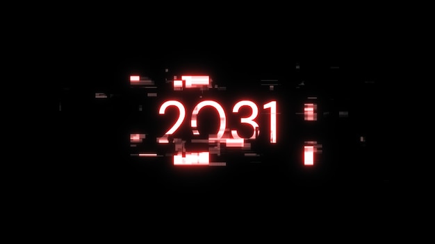 Rendering 3D del testo 2031 con effetti di schermo di glitch tecnologici