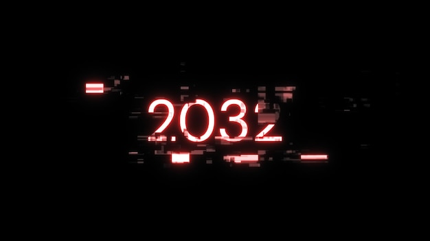 Rendering 3D del testo 2032 con effetti di schermo di glitch tecnologici