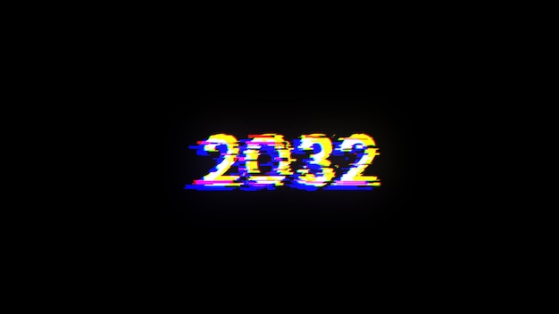 Rendering 3D del testo 2032 con effetti di schermo di glitch tecnologici