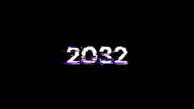 Rendering 3D del testo 2032 con effetti di schermo di glitch tecnologici