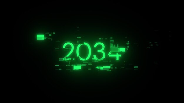 Rendering 3D del testo 2034 con effetti di schermo di glitch tecnologici