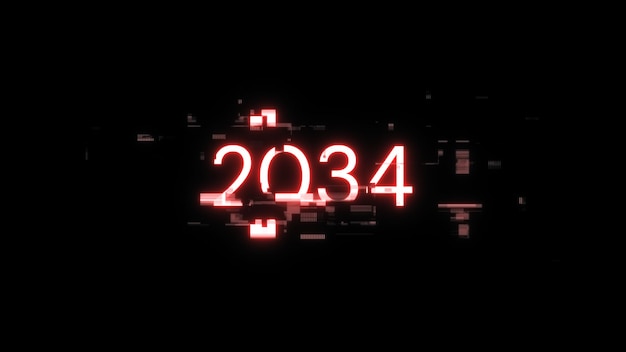 Rendering 3D del testo 2034 con effetti di schermo di glitch tecnologici