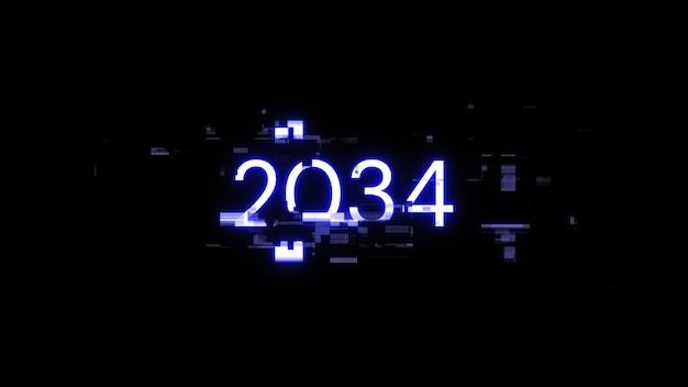 Rendering 3D del testo 2034 con effetti di schermo di glitch tecnologici