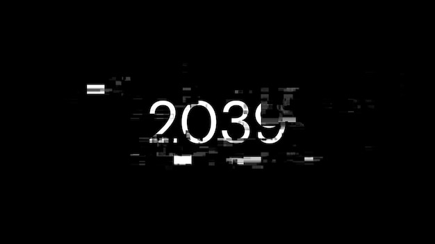 Rendering 3D del testo 2039 con effetti di schermo di glitch tecnologici