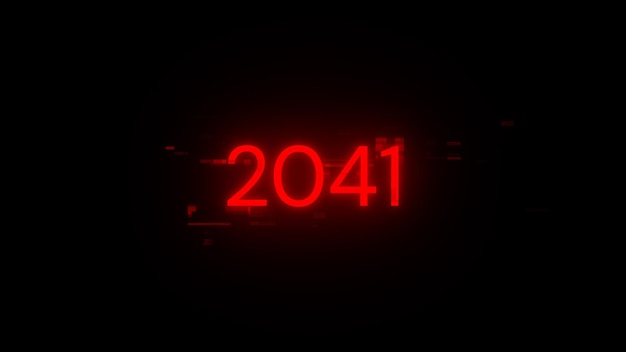 Rendering 3D del testo 2041 con effetti di schermo di glitch tecnologici