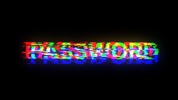 Rendering 3D del testo della password con effetti di schermo di glitch tecnologici