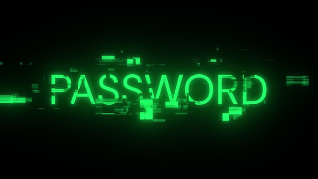 Rendering 3D del testo della password con effetti di schermo di glitch tecnologici