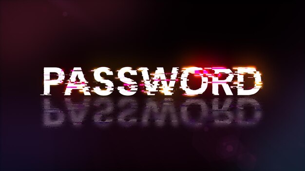 Rendering 3D del testo della password con effetti di schermo di glitch tecnologici