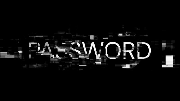 Rendering 3D del testo della password con effetti di schermo di glitch tecnologici