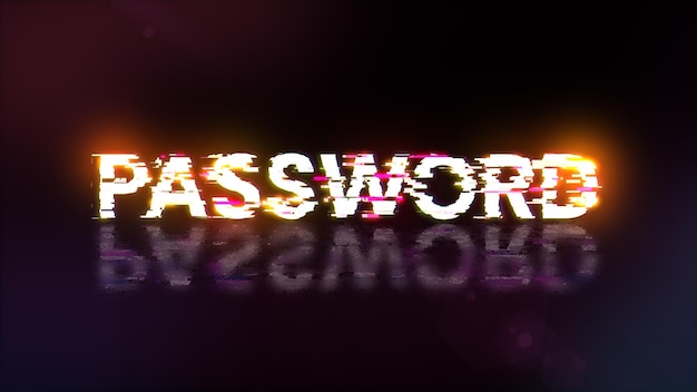 Rendering 3D del testo della password con effetti di schermo di glitch tecnologici