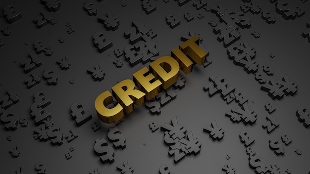 Rendering 3D del testo di credito metallico dorato su sfondo scuro di valuta.