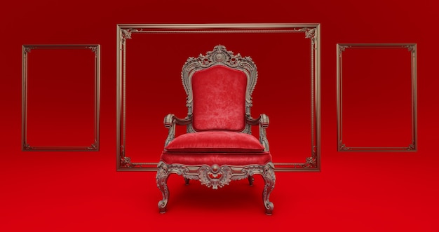 Rendering 3D del trono classico barocco della poltrona nei colori bronzo e rosso isolato su sfondo rosso scuro. poltrona trono con cornice dorata