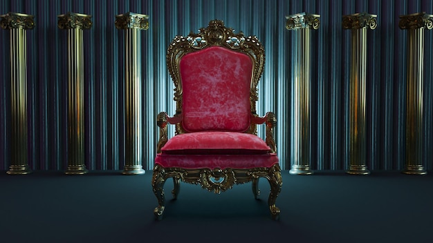 Rendering 3D del trono del re rosso su uno sfondo di colonne scure poltrona king con colonne dorate