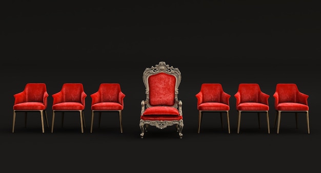 Rendering 3D del trono reale rosso con poltrone rosse moderne isolate su sfondo nero, concetto di leadership,