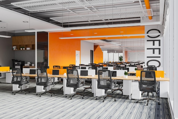 Rendering 3d dell'area di lavoro interna moderna dell'ufficio aperto