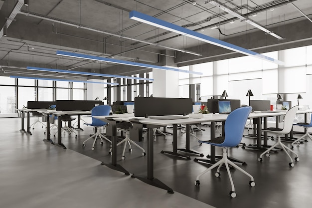 Rendering 3d dell'area di lavoro interna moderna dell'ufficio aperto