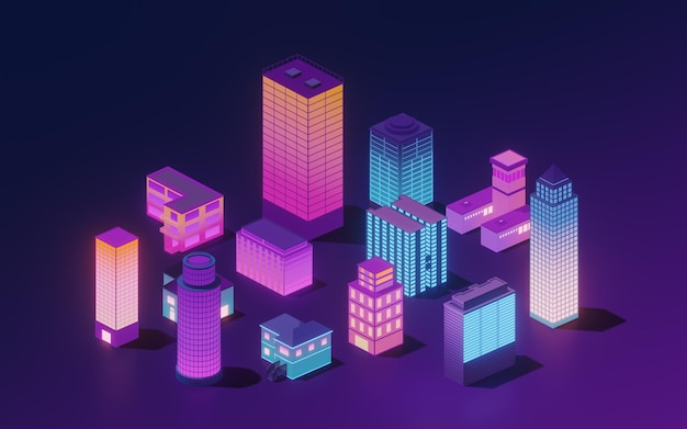 Rendering 3d dell'edificio incandescente al neon della città del centro