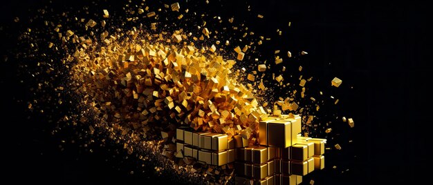 Rendering 3D dell'esplosione di particelle d'oro Esplosione di cubi d'oro Ai generati