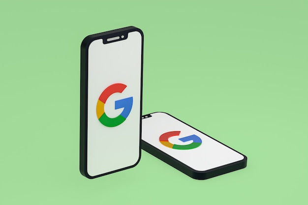 Rendering 3d dell'icona di Google sullo schermo dei telefoni cellulari