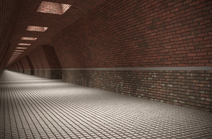 rendering 3D dell'illustrazione 3D dell'interno del corridoio lungo cg render