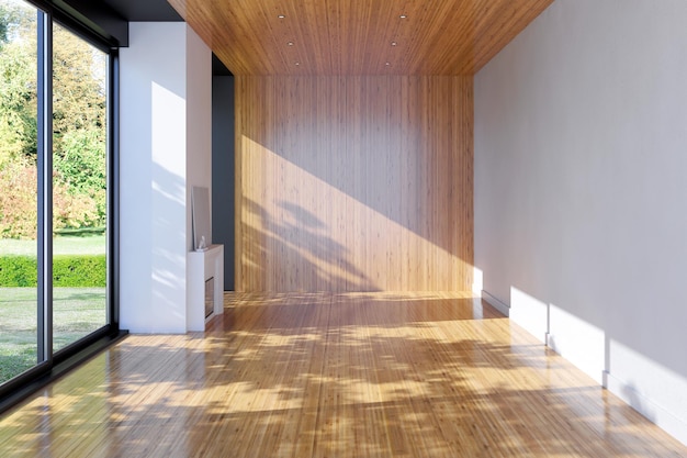 Rendering 3D dell'illustrazione della stanza degli interni luminosi moderni di lusso di grandi dimensioni