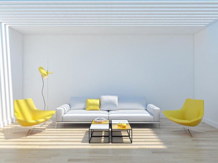 Rendering 3D dell'illustrazione della stanza degli interni luminosi moderni di lusso di grandi dimensioni