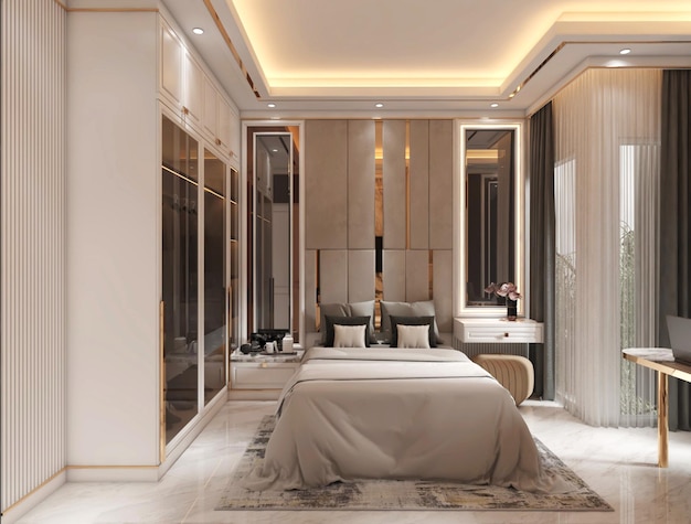 Rendering 3D dell'interior design sofisticato ed elegante della camera da letto principale