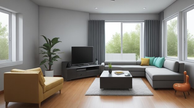 Rendering 3D dell'interno del soggiorno moderno con smart TV