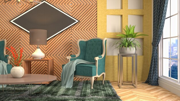 Rendering 3D dell'interno del soggiorno