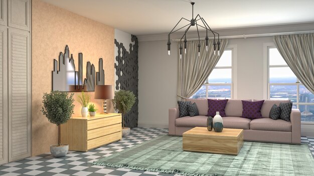 Rendering 3D dell'interno del soggiorno