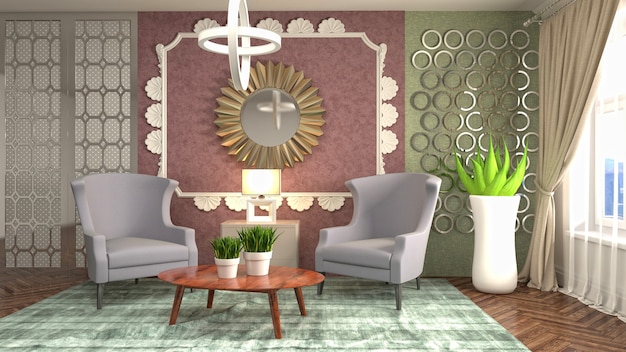Rendering 3D dell'interno del soggiorno