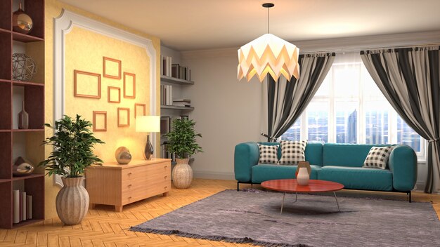 Rendering 3D dell'interno del soggiorno