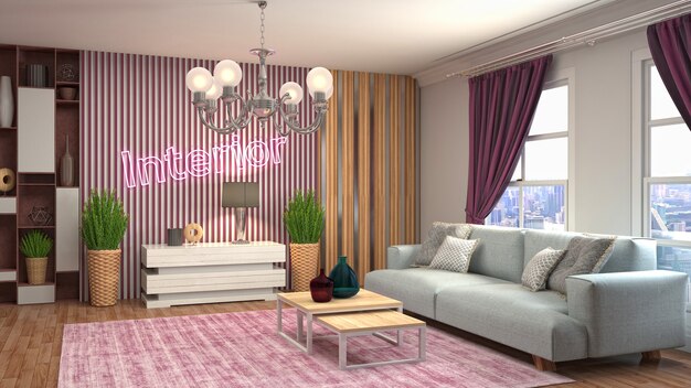 Rendering 3D dell'interno del soggiorno